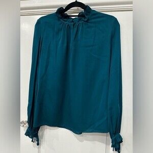 Milly Emerald Green Ruffle Neck Silk Blouse Size Small